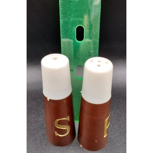 Salt Pepper Shakers MCM Brown White Gold Lettering Vintage Lazy Susan Style - Picture 3 of 14